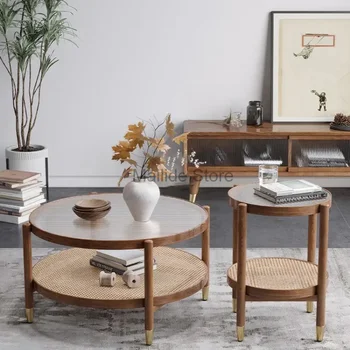 Круглые журнальные столики из массива Японского дерева, мебель для дома в скандинавском стиле, Квадратный Угловой стол из ротанга, современный Простой Стеклянный круглый стол