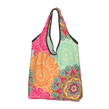 Изготовленные на заказ Красочные хозяйственные сумки Mandala Flower Deanfun, женские портативные сумки для покупок в продуктовых магазинах большой емкости