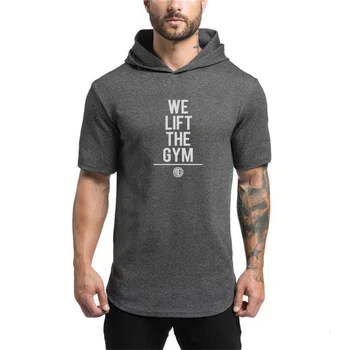 Летняя мужская модная спортивная футболка для бега с капюшоном, тонкая хлопчатобумажная дышащая рубашка с коротким рукавом, топ для занятий в тренажерном зале, бодибилдингом, фитнесом