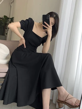 Элегантные вечерние платья для женщин, новинка в летнем платье в стиле INS, черное платье с квадратным вырезом, длинное женское платье во французском винтажном стиле