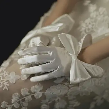 1 Пара элегантных перчаток для невесты, однотонные перчатки для банкета с пятью пальцами, винтажный декор из атласного банта, женские перчатки для свадьбы