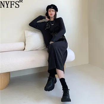 NYFS 2023 Осеннее Новое Корейское женское платье свободного кроя из плотного плиссированного хлопка Vestidos Robe Elbise Модные длинные платья с длинными рукавами