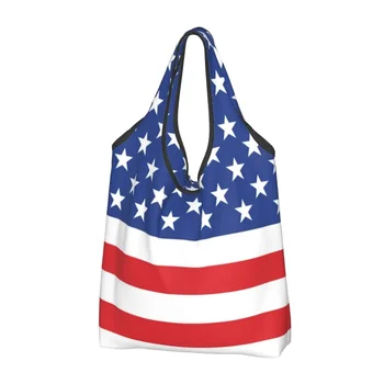 Изготовленная на заказ сумка для покупок с американским флагом, женская портативная сумка для бакалеи большой емкости, сумки для покупок звезд США