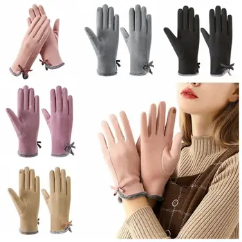 Зимние перчатки с бантом на пять пальцев, теплые Зимние бархатные перчатки с сенсорным экраном, варежки на весь палец в Корейском стиле, Уличные варежки для верховой езды