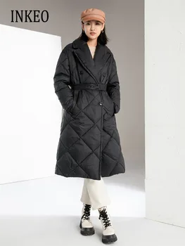 Роскошный пуховик с зубчатым воротником и поясами, женское Зимнее Свободное Длинное пуховое пальто 2023 года, теплая Черно-белая Верхняя одежда INKEO 3O217
