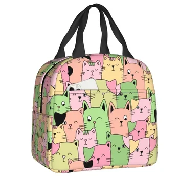Термоизолированная сумка для ланча Kawai Cats Женская сумка для ланча с милым животным котенком для школы, офиса, хранения еды на открытом воздухе, коробка для бенто