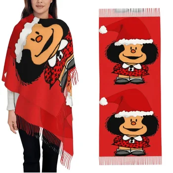 Рождественский шарф Для женщин, Зимняя осенняя кашемировая шаль, Шапка Санта-Клауса Mafalda, Длинные шарфы с кисточками для женщин