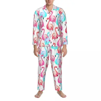 Пижама Мужская Забавная Ночная пижама с Фламинго, Тропическая Птица, Современная, из 2 предметов, Ретро Пижамный комплект С длинным рукавом, Домашний костюм Оверсайз