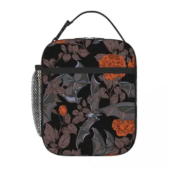 Бесшовный цветочный узор с летающими летучими мышами, сумка для ланча, сумка для пикника, изолированные сумки, ланч-бокс для женщин