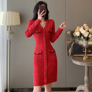 Женское ароматное красное платье с V-образным вырезом в новом стиле Осень-зима