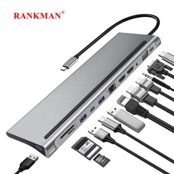 Rankman USB C Концентратор к RJ45 Type C 4K HDMI-Совместимый VGA SD TF USB 3.0 2.0 PD Док-станция для MacBook iPad Samsung S21 Dex HDTV