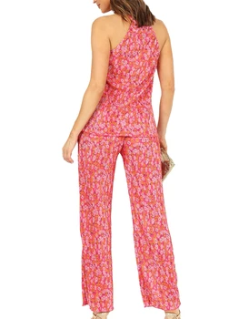Женская повседневная одежда из 2 предметов, топы на бретелях без рукавов, однотонные комплекты брюк с цветочным рисунком, уличная одежда