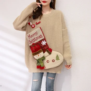 Женские пуловеры с круглым вырезом и длинным рукавом, свободный и толстый Рождественский свитер, теплый рождественский чулок, вязаный свитер с карманом для куклы-снеговика