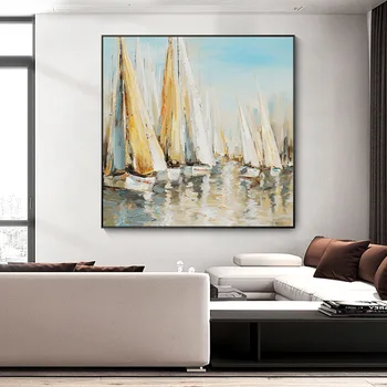 Современная картина маслом на холсте, ручная роспись, абстрактная живопись, настенное искусство, красочная парусная лодка на море, произведение искусства для домашнего декора