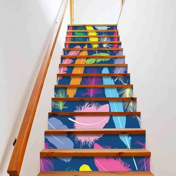 Цветные перья, наклейки на лестницу, Птичьи перья, наклейки на лестницу, Подступенки для лестницы в стиле современного искусства, фрески для домашнего декора, самоклеящиеся