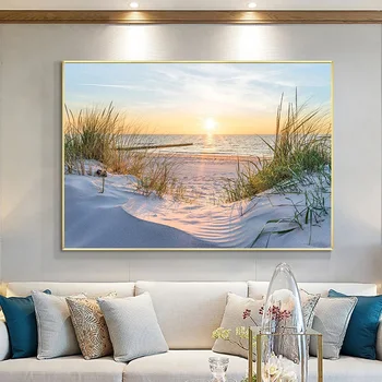 Природа Пейзаж Пляж Печать на Холсте Настенный Художественный Плакат, Картина с Солнцем и Морскими растениями, для декора гостиной Cuadros