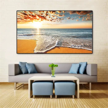 Плакаты и принты с морскими пейзажами из натурального золота, пляж, закат, морская волна, холст, Скандинавское настенное искусство, HD-изображение для гостиной