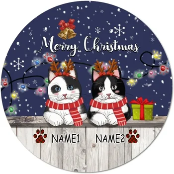 Круглая Металлическая жестяная табличка с именами кошек на заказ, Веселого Рождества, Забавная табличка с дверью паба, винтажный круг, знак Венка