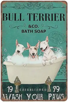 Бультерьер и компания Мыло для ванны Вымойте лапы Жестяные вывески для собак Забавная Винтажная Металлическая вывеска Плакат Настенное искусство Паб-бар