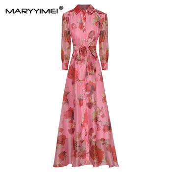 Модное платье MARYYIMEI, летнее женское платье с отложным воротником, однобортные платья с цветочным принтом на шнуровке