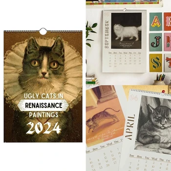 1 ШТ Календарь на 2024 год, Календарь с Уродливыми Кошками, Новогодний подарок, Настенные украшения, Календарь, Домашний декор для планирования, Календарь