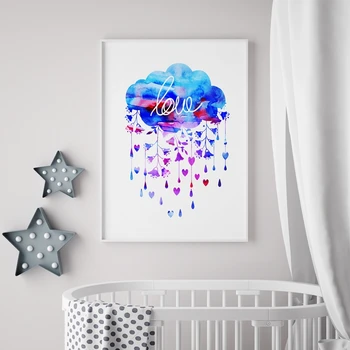 Акварельные облака и дождь С сердечком, настенный Художественный плакат, креативные колокольчики на холсте, картина для маленьких детей 