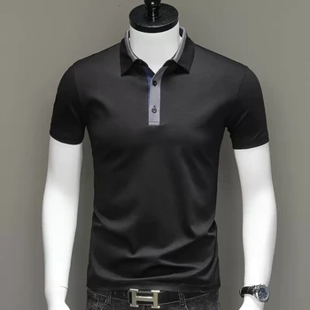 Черные Рубашки Поло из 100% хлопка, мужские Летние Повседневные рубашки-поло с контрастным галстуком, Облегающая Футболка-поло с коротким рукавом, Облегающая Футболка-поло