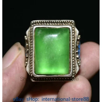 1,4-дюймовое старомодное китайское кольцо с эмалью, инкрустированное серебром, зеленый нефрит, драгоценный камень Династии Цветок
