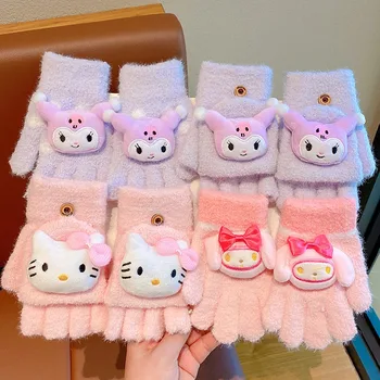 Новые перчатки Sanrio Hello Kitty My Melody Kuromi, детские Перчатки с откидным верхом из пряжи с рисунком аниме, сохраняющие тепло Перчатки с пятью пальцами