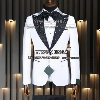 Элегантные мужские костюмы для свадьбы С лацканами из бисера, белый пиджак с черными брюками, 2 предмета, смокинг для жениха, платье на заказ