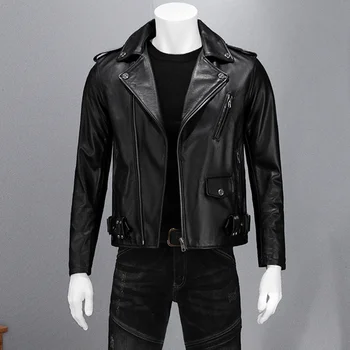 2024, мужская весенне-осенняя мода, мотоциклетные кожаные куртки, мужские пальто из натуральной коровьей кожи, мужские короткие Приталенные пальто M115