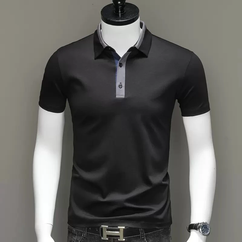 Черные Рубашки Поло из 100% хлопка, мужские Летние Повседневные рубашки-поло с контрастным галстуком, Облегающая Футболка-поло с коротким рукавом, Облегающая Футболка-поло